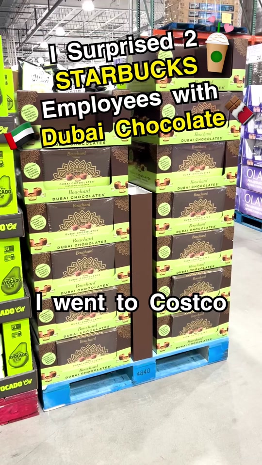 Dubai chocolate boxes with the caption “I surprised 2 Starbucks employees with Dubai Chocolate.”